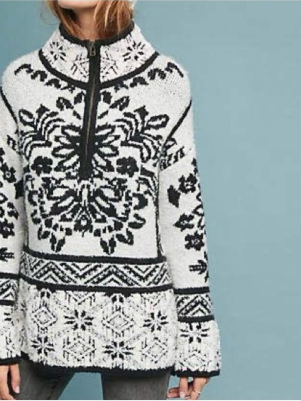 Anthropologie Black & White Fair Isle Half-Zip Cowl Sweater